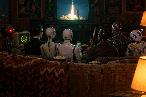 Eight mismatched machines sit side by side facing an old CRT television